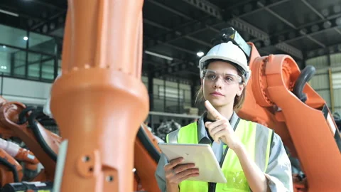 A female engineer installs a program on a robotics arm Stock Footage 241101641