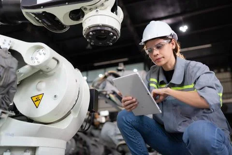 A female engineer installs a program on a robotics arm in a robot warehous... Stock-Fotos