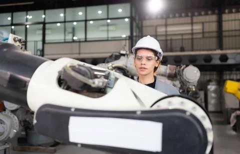 A female engineer installs a program on a robotics arm in a robot warehous... Stock-Fotos
