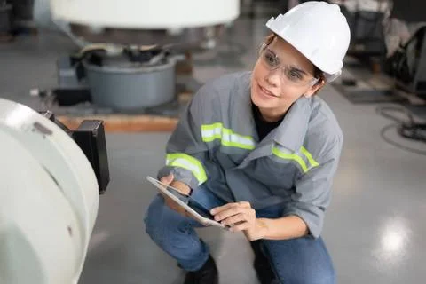 A female engineer installs a program on a robotics arm in a robot warehous... Stock-Fotos