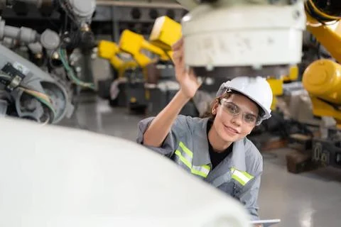 A female engineer installs a program on a robotics arm in a robot warehous... Stock-Fotos