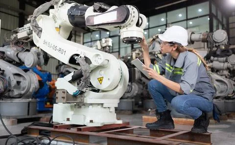 A female engineer installs a program on a robotics arm in a robot warehous... Stock-Fotos