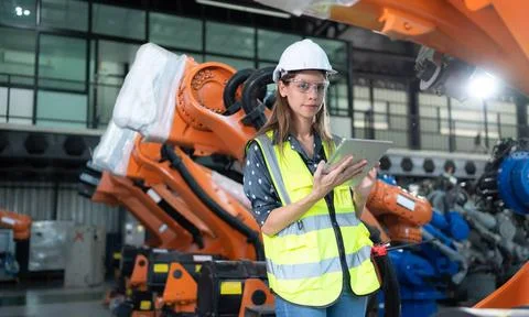 A female engineer installs a program on a robotics arm in a robot warehous... Photos