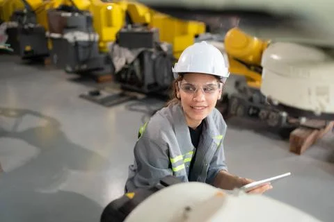 A female engineer installs a program on a robotics arm in a robot warehous... Stock-Fotos