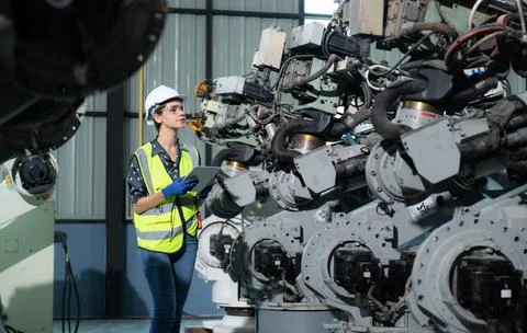 A female engineer installs a program on a robotics arm in a robot warehous... Stock Photos