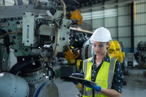 A female engineer installs a program on a robotics arm in a robot warehous... Photos