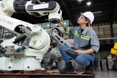 A female engineer installs a program on a robotics arm in a robot warehous... Stock-Fotos