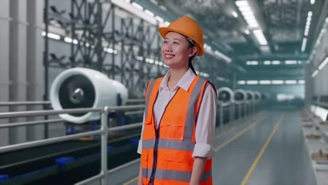 Female Engineer Looking Around, Aircraft Engine Factory Stock Footage 314607907