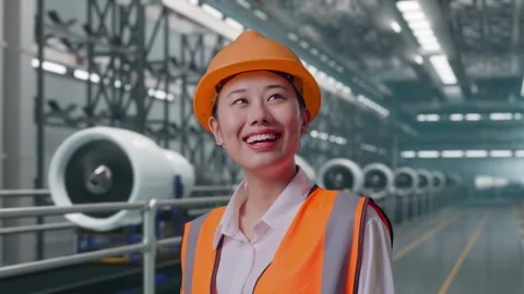 Female Engineer Looking Around, Aircraft Engine Factory Stock Footage 314608655