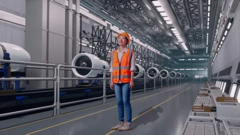 Female Engineer Looking Around, Aircraft Engine Factory Stock Footage 314609277
