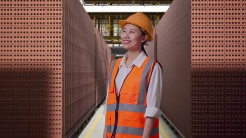 Female Engineer Looking Around With Brick In Stacks Stock Footage 303761897