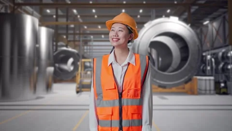 Female Engineer Looking Around at Heavy Factory Stock Footage 340822159