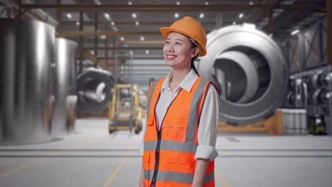 Female Engineer Looking Around at Heavy Factory Stock Footage 340823882