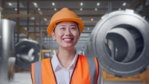 Female Engineer Looking Around at Heavy Factory Stock Footage 340824618