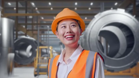 Female Engineer Looking Around at Heavy Factory Stock Footage 340825176