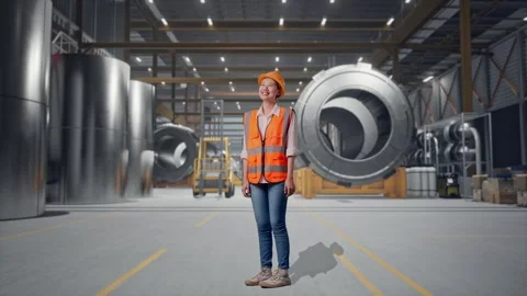 Female Engineer Looking Around at Heavy Factory Stock Footage 340826185