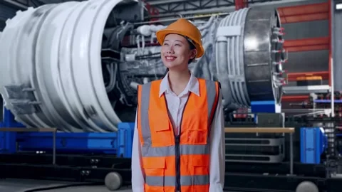 Female Engineer Looking Around With Jet Engine Stock Footage 306603076