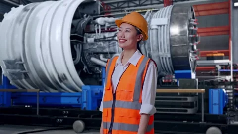 Female Engineer Looking Around With Jet Engine Stock Footage 306603704