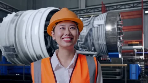 Female Engineer Looking Around With Jet Engine Stock Footage 306604227
