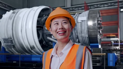 Female Engineer Looking Around With Jet Engine Stock Footage 306605043