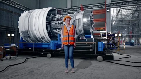 Female Engineer Looking Around With Jet Engine Stock Footage 306605935