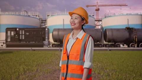Female Engineer Looking Around at Oil Refinery Stock Footage 340143292
