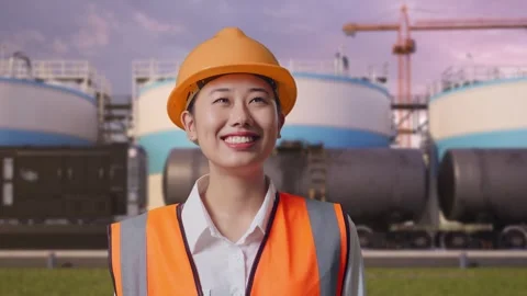 Female Engineer Looking Around at Oil Refinery Stock Footage 340143532