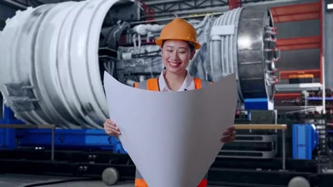 Female Engineer Looking At Blueprint In Her Hands With Jet Engine Stock Footage 306603691