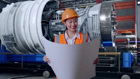 Female Engineer Looking At Blueprint In Her Hands With Jet Engine Stock Footage 306603699
