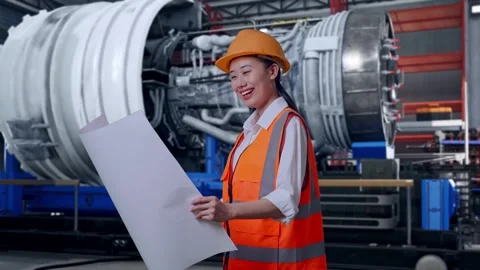 Female Engineer Looking At Blueprint In Her Hands With Jet Engine Stock Footage 306603920