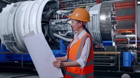Female Engineer Looking At Blueprint In Her Hands With Jet Engine Stock Footage 306603939