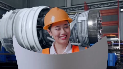 Female Engineer Looking At Blueprint In Her Hands With Jet Engine Stock Footage 306605021