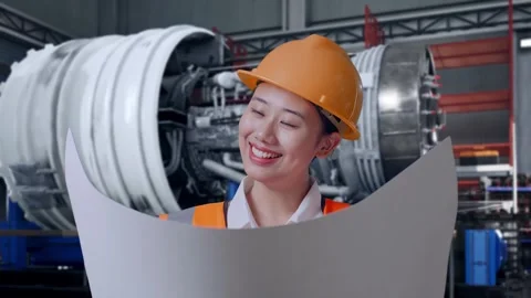 Female Engineer Looking At Blueprint In Her Hands With Jet Engine Stock Footage 306605102