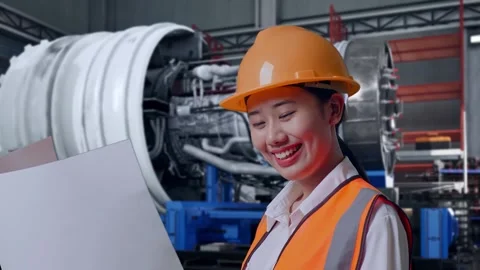 Female Engineer Looking At Blueprint In Her Hands With Jet Engine Stock Footage 306605490