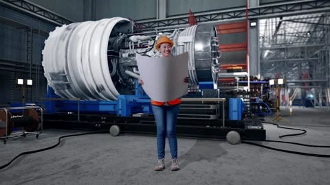 Female Engineer Looking At Blueprint In Her Hands With Jet Engine Stock Footage 306607239