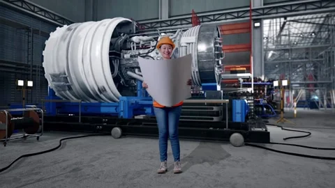 Female Engineer Looking At Blueprint In Her Hands With Jet Engine Stock Footage 306607262