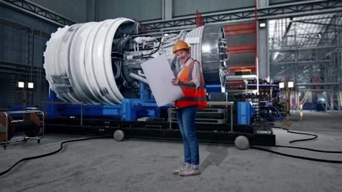 Female Engineer Looking At Blueprint In Her Hands With Jet Engine Stock Footage 306607706
