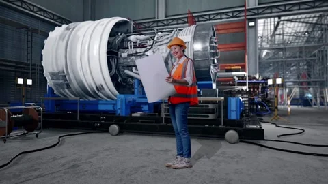Female Engineer Looking At Blueprint In Her Hands With Jet Engine Stock Footage 306607721