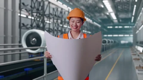 Female Engineer Looking At Blueprint In Her Hands, Aircraft Engine Factory Stock Footage 314607902