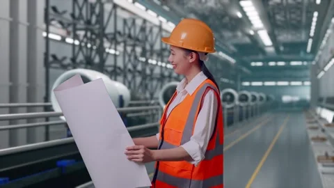Female Engineer Looking At Blueprint In Her Hands, Aircraft Engine Factory Stock Footage 314608059