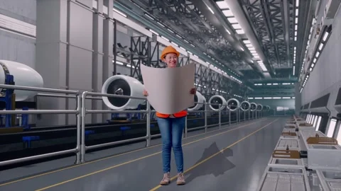 Female Engineer Looking At Blueprint In Her Hands, Aircraft Engine Factory Stock Footage 314609257