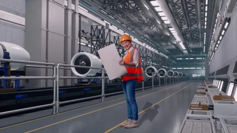 Female Engineer Looking At Blueprint In Her Hands, Aircraft Engine Factory Stock Footage 314609423