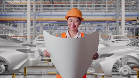 Female Engineer Looking At Blueprint In Her Hands In Car Factory Vídeos de archivo 331632044