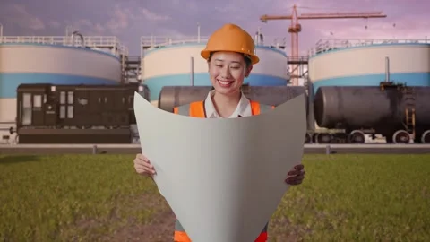 Female Engineer Looking At Blueprint In Her Hands at Oil Refinery Stock Footage 340143279