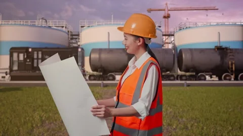 Female Engineer Looking At Blueprint In Her Hands at Oil Refinery Stock Footage 340143460
