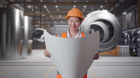 Female Engineer Looking At Blueprint In Her Hands at Heavy Factory Stock Footage 340823730