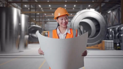 Female Engineer Looking At Blueprint In Her Hands at Heavy Factory Stock Footage 340823777