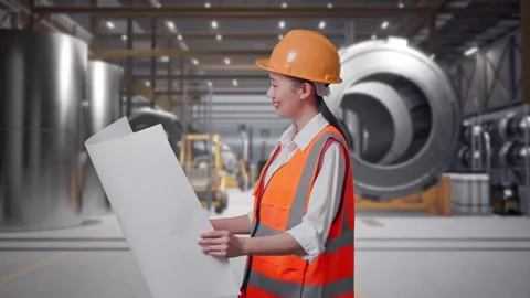 Female Engineer Looking At Blueprint In Her Hands at Heavy Factory Stock Footage 340824443