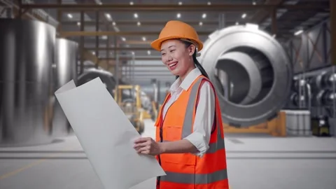 Female Engineer Looking At Blueprint In Her Hands at Heavy Factory Stock Footage 340824452