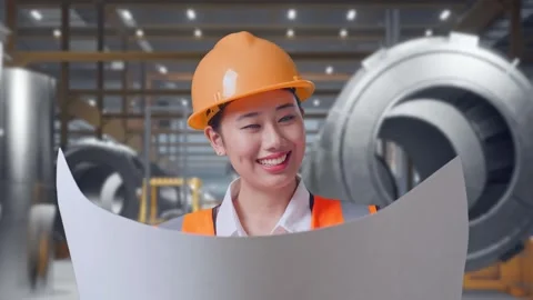 Female Engineer Looking At Blueprint In Her Hands at Heavy Factory Stock Footage 340825162
